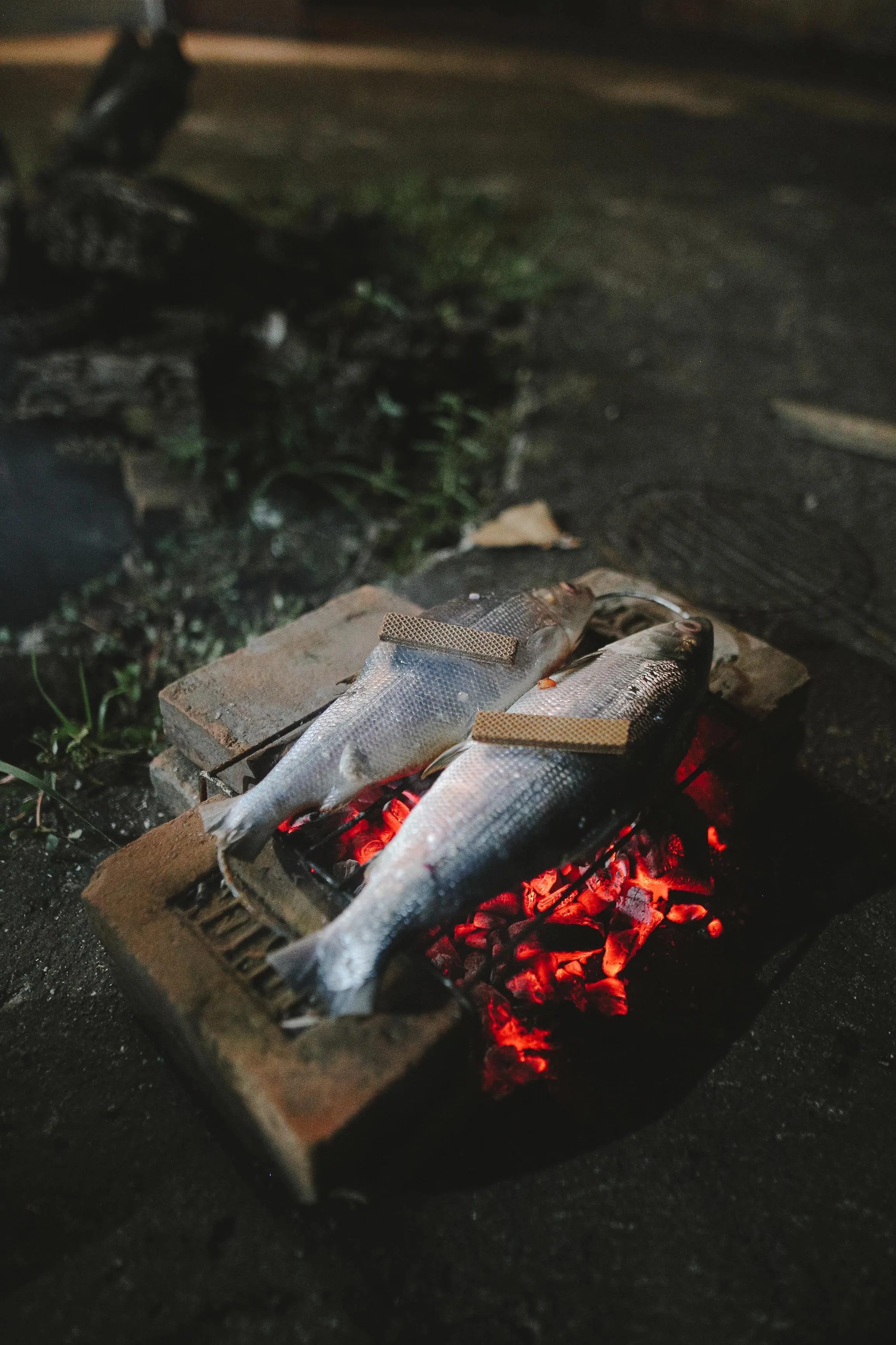 Pescado entero a la brasa, sobre carbón encendido, al aire libre