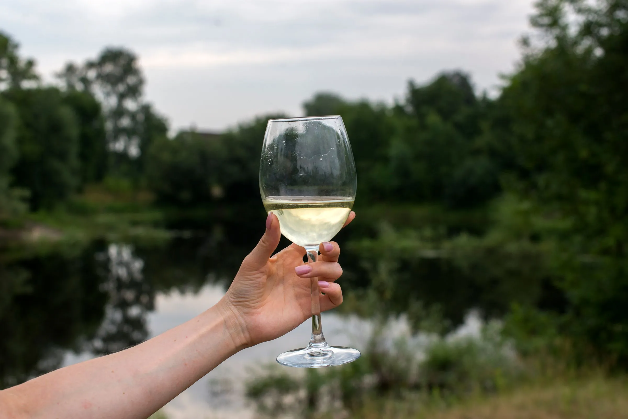 Copa de txakoli servida al aire libre, con la vegetación de la ría al fondo